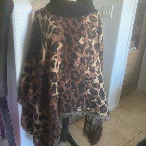 Leopard Print Turtleneck Poncho Sweater - Brown